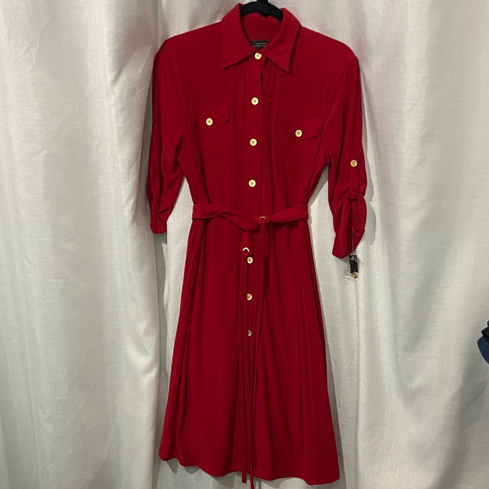 Tahari Chic Red Long Sleeve Button-Up Dress
